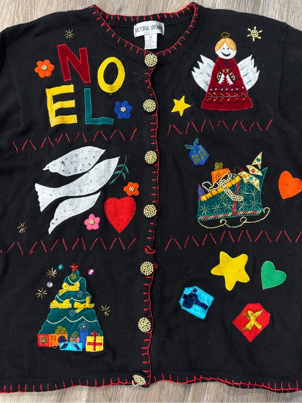 Victoria Lynn Black Kids' Holiday Appliqué Cardigan with Colorful Motifs